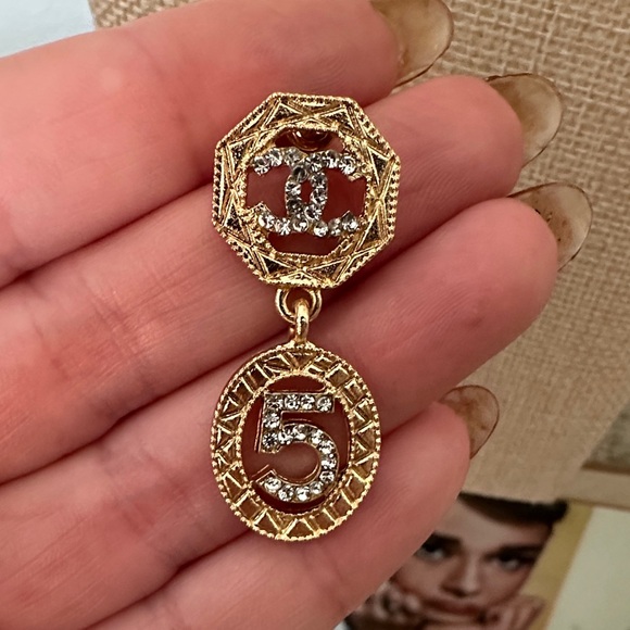 CHANEL Gold and Silver Number 5 Earrings - Picture 4 of 5